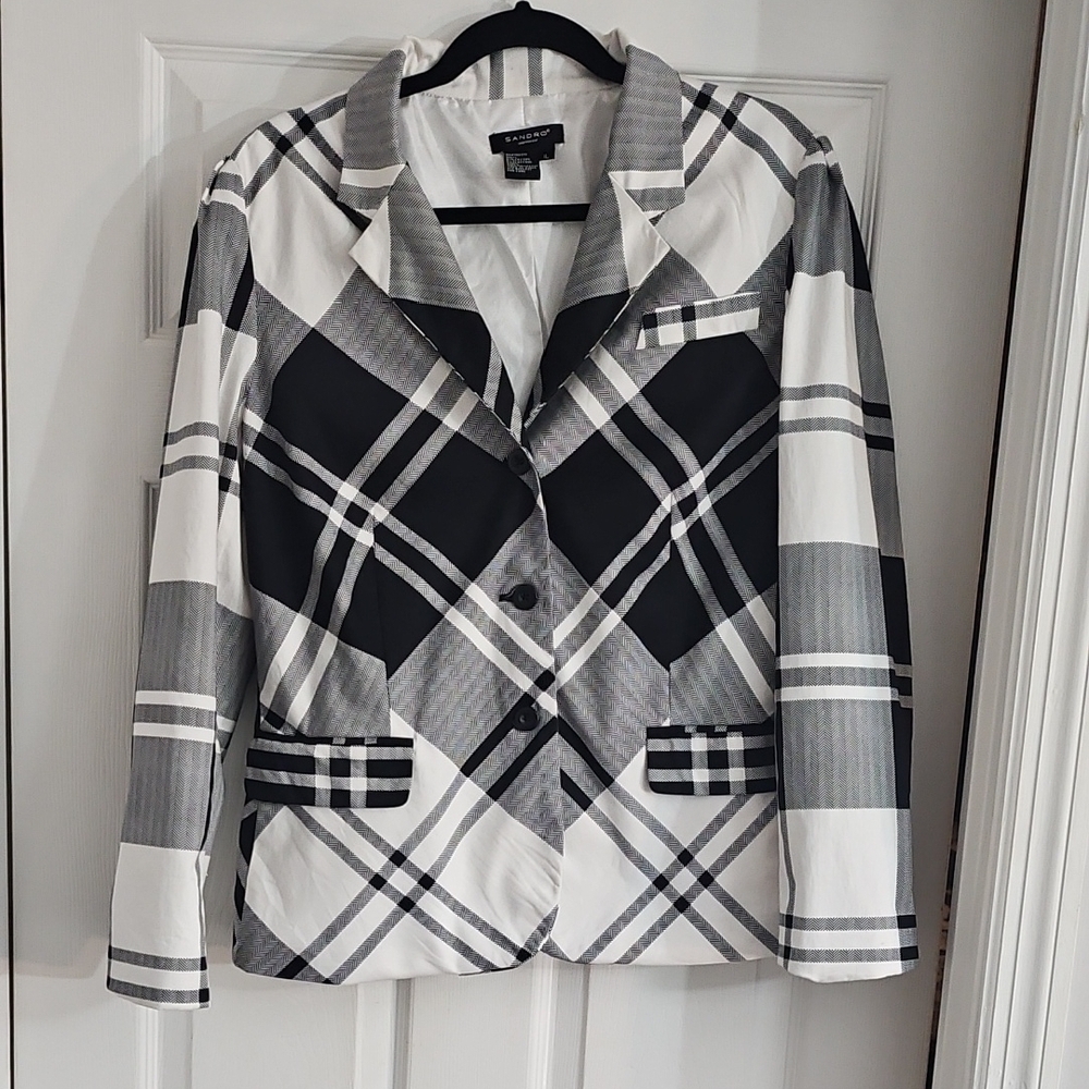Sandro Black and White Blazer Bold Plaid Design